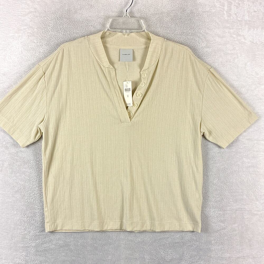 Varley Shirt Womens M Beige Kasey Mock Placket Ribbed Relaxed Preppy Minimalist